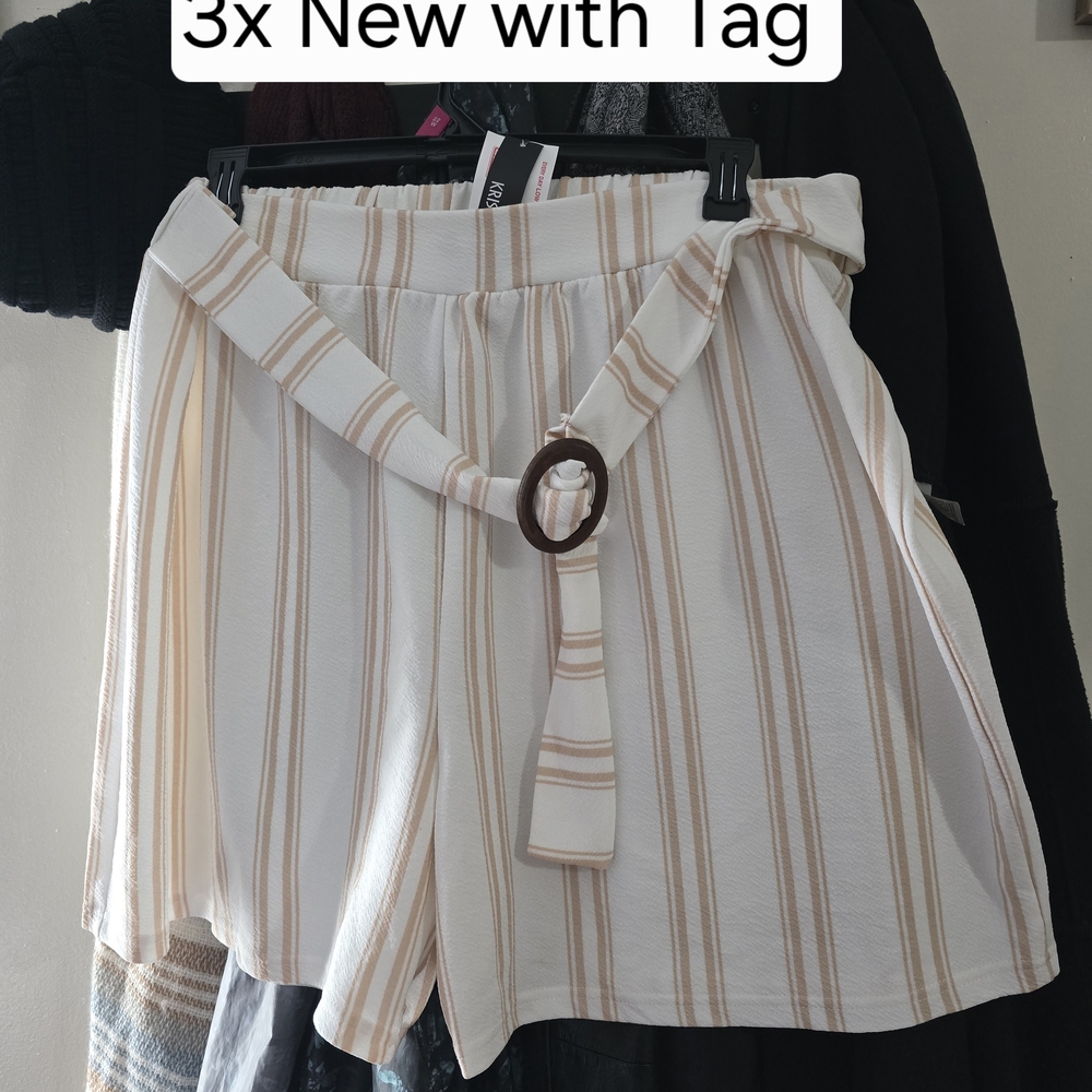 Striped White and Tan Shorts with Belt